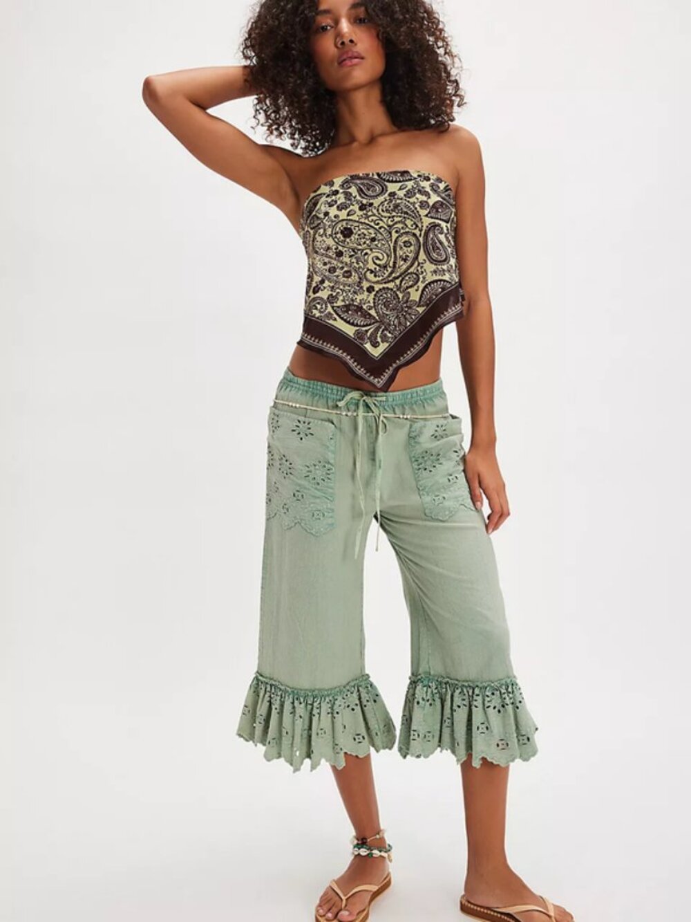 Free People Washed Perla Bloomers Pants Eyelet Embroidered Ruffle Green New L